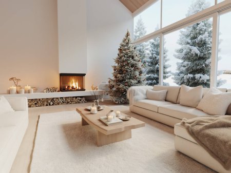 Téléchargez les photos : Salon d'hiver confortable avec sapin de Noël et cheminée. Illustration 3D de haute qualité - en image libre de droit