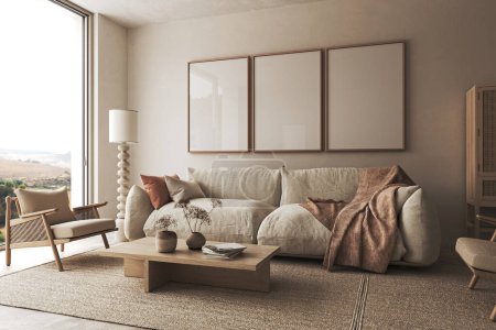 Téléchargez les photos : Aménagement intérieur de style japonais avec grande fenêtre, fauteuil et table basse. Modélisation murale dans le fond du salon. Rendement 3D. Illustration 3D de haute qualité. - en image libre de droit
