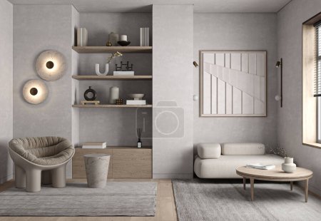 Téléchargez les photos : Concept minimalisme australien style de salon design intérieur avec plancher brun et fenêtre vintage. Modèle de maquette. Tapis créatif, lampe et mobilier. Rendement 3D. Illustration 3D de haute qualité. - en image libre de droit