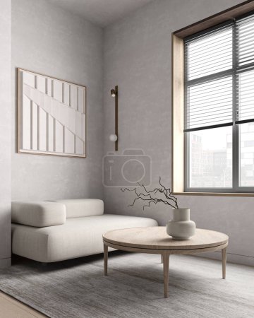 Photo for Gray contemporary waiting room interior with wooden sideboard and large coffee table on concrete wall background. Minimalist scandinavian design. 3d rendering. High quality 3d illustration. - Royalty Free Image