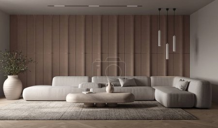Moderne Bohème-Interieur-Komposition mit großem modularen Sofa, Lampendecke und dekorativen Paneelen. Frontansicht. 3D-Darstellung. Hochwertige 3D-Illustration.