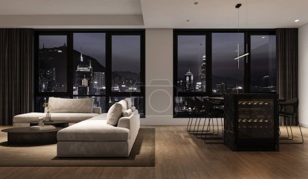 Photo for Modern grey minimalist interior livingroom with large modular sofa, panoramic windows, night city view and marble kitchen island. 3d rendering. High quality 3d illustration. - Royalty Free Image