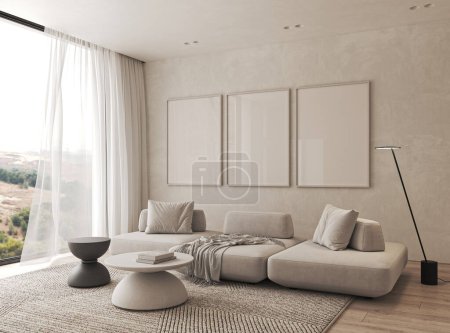 Photo for Modern style conceptual apartment interior livingroom. Large window with curtain and panoramic view. 3d rendering. High quality 3d illustration. - Royalty Free Image