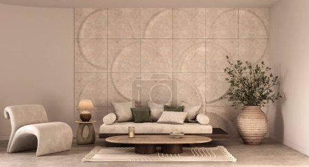 Photo for Modern bohemian interior composition with large scandinavian sofa with pillows, warm light lamp and decorative molding panels. 3d rendering. High quality 3d illustration. - Royalty Free Image