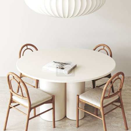 Interior de madera beige comedor con mesa de comedor, libro y sillas de fondo. Suelo de piedra marrón claro natural. Finge un libro vacío. renderizado 3d. ilustración 3d de alta calidad.