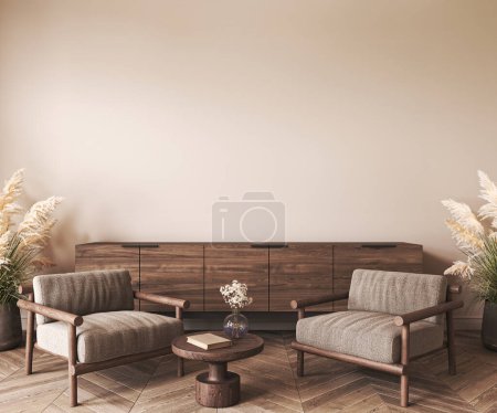 Japanese boho beige interior with armchair and commode background. Light modern australian livingroom. Mockup empty brown wall. 3d rendering. High quality 3d illustration.