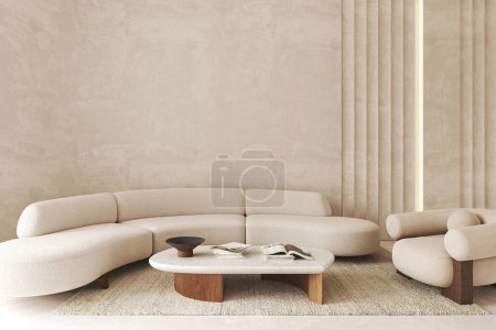Boho beige Wohnzimmer mit Palmen Pflanzen und Dekor - Teppich Hintergrund. Leichtes modernes japanisches Naturbild. 3D-Darstellung. Hochwertige 3D-Illustration.