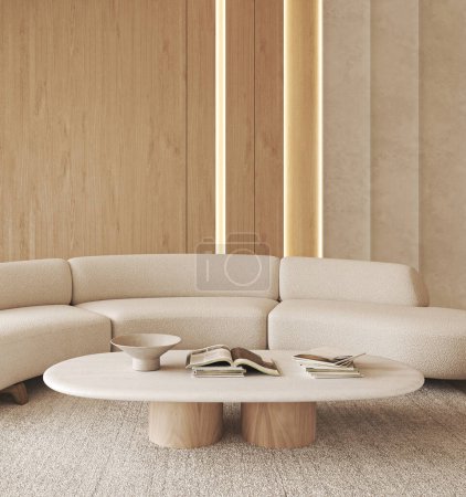 Boho beige Wohnzimmer mit beleuchteten Paneelen und Dekor - Teppich Hintergrund. Leichtes modernes japanisches Naturbild. 3D-Darstellung. Hochwertige 3D-Illustration.