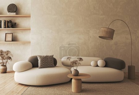 Boho beige livingroom with big lamp, shelves and sofa background. Light modern farmhouse nature interior. 3d rendering. High quality 3d illustration.
