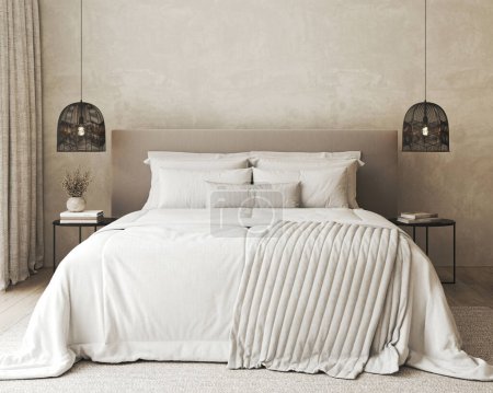 Casa dormitorio interior con cama y lámpara. Ropa de cama blanca y mesita de noche negra. renderizado 3d. ilustración 3d de alta calidad.
