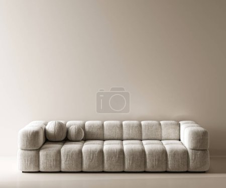 Conceptual vintage interior studio room with round pillows and gray sofa. Creative composition in warm pastel color. Mockup empty background. 3d rendering. High quality 3d illustration.