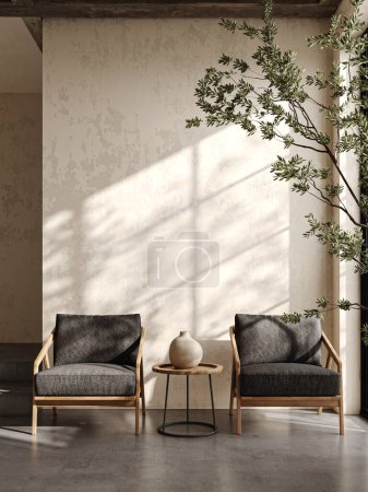 Boho beige Wohnzimmer mit 2 Sesseln, Baum und Fenster Hintergrund. Leichtes modernes japanisches Naturbild. 3D-Rendering-Attrappe. Hochwertige 3D-Illustration.