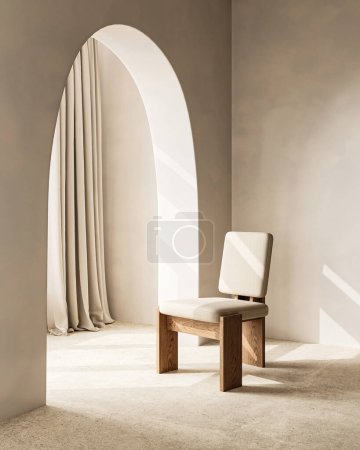 Téléchargez les photos : Studio intérieur conceptuel avec fenêtre en arc et soleil. Chaise en bois composition créative. Maquette arrière-plan vide. Rendement 3D. Illustration 3D de haute qualité. - en image libre de droit