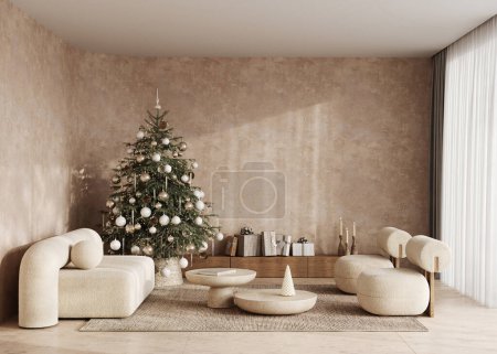 Boho beige livingroom with decorated Christmas tree and gift background. Modern nature window view. 3d rendering mock up stucco wall. High quality 3d illustration.