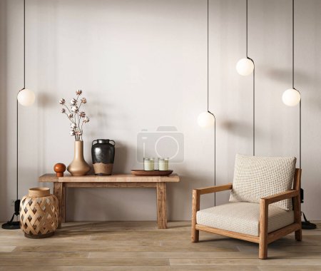Boho beige livingroom with armchairs and lamps background. Light modern japanese nature view. 3d rendering mock up. High quality 3d illustration.
