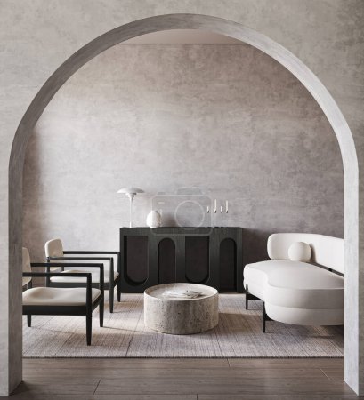 Boho beige Wohnzimmereinrichtung mit 2 Sofas, Bogen und grauem Stuckwandhintergrund. Leichtes modernes japanisches Naturbild. 3D-Rendering-Attrappe. Hochwertige 3D-Illustration.