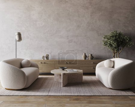 Boho beige Wohnzimmereinrichtung mit 2 Sofas, grüner Pflanze und grauem Stuckwandhintergrund. Leichtes modernes japanisches Naturbild. 3D-Rendering-Attrappe. Hochwertige 3D-Illustration.