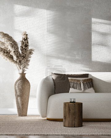 Boho beige Wohnzimmer mit Sofa, trockenen Palmblättern und grauen Wandhintergrund. Leichter moderner japanischer Naturblick mit Sonne. 3D-Rendering-Attrappe. Hochwertige 3D-Illustration.