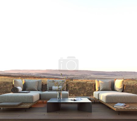 Luxury hotel design. Modern villa outside with beautiful landscape view, brown wooden floor and green plants. Sunset mountain view. 3d rendering. High quality 3d illustration.