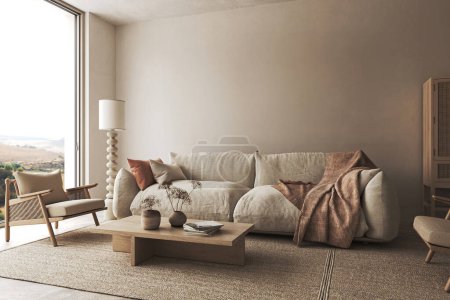 Boho beige Wohnzimmer mit trockener Pflanze im Vasenhintergrund. Leichtes modernes japanisches Naturlandschafts-Berginnere. 3D-Darstellung. Hochwertige 3D-Illustration.