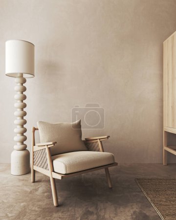 Boho beige Wohnzimmer mit Sessel und Lampenhintergrund. Leichtes modernes japanisches Interieur. 3D-Darstellung. Hochwertige 3D-Illustration.