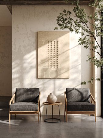 Boho beige Wohnzimmer mit grauen Sesseln, Baum und 1 Malgrund. Leichtes modernes japanisches Naturbild. 3D-Rendering-Attrappe. Hochwertige 3D-Illustration.