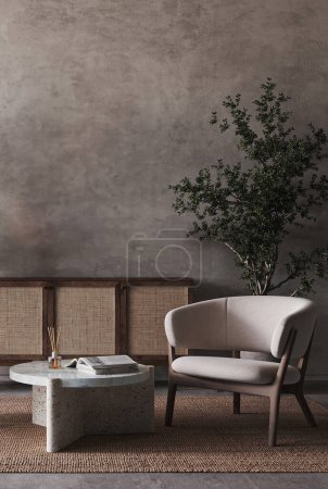 Boho klassische graue Wohnzimmereinrichtung mit Stuhl, grüner Pflanze und grauem Stuckwandhintergrund. Leichtes modernes japanisches Naturbild. 3D-Rendering-Attrappe. Hochwertige 3D-Illustration.