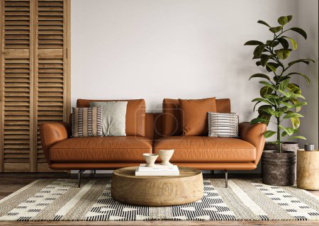 Helles afrikanisches Wohnzimmer mit grüner Pflanze, ethnischem Teppich und orangefarbenem Sofa-Hintergrund. Leichtes modernes japanisches Interieur. 3D-Darstellung. Hochwertige 3D-Illustration.
