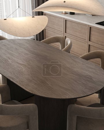 Interior moderno de cocina de madera estilo minimalista japandi oscuro con ventana y fondo de mesa de comedor vacío. Diseño de la naturaleza. renderizado 3d. ilustración 3d de alta calidad.
