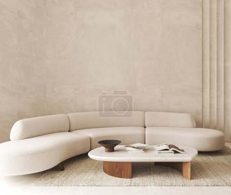Boho beige Wohnzimmer mit rundem Sofa, Vase und Dekor - Bücher Hintergrund. Leichtes modernes japanisches Naturbild. 3D-Darstellung. Hochwertige 3D-Illustration.