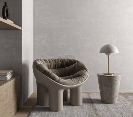 Modernes graues Wohnzimmer mit Regalen in der Nische und Sessel Hintergrund. Leichtes modernes japanisches Naturbild. 3D-Darstellung. Hochwertige 3D-Illustration.