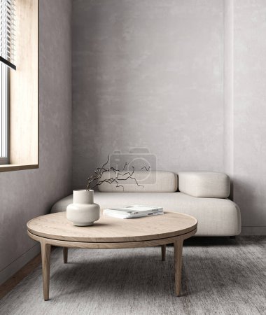 Modernes graues Wohnzimmer mit Sofa in der Nische und Fensterhintergrund. Leichtes modernes japanisches Naturbild. 3D-Darstellung. Hochwertige 3D-Illustration.