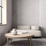 Modern gray livingroom with sofa in niche and window background. Light modern japanese nature view. 3d rendering. High quality 3d illustration.