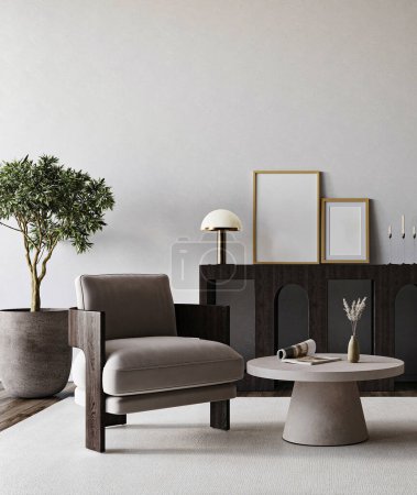 Moderno salón gris con sillón, consola y fondo de árbol. Diseño interior de lujo oscuro. 3D maqueta de renderizado. ilustración 3d de alta calidad.
