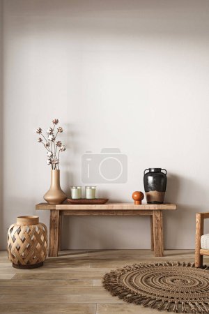 Photo for Boho beige livingroom with console, dry plants and vase background. Light modern nature view. 3d rendering. High quality 3d illustration. - Royalty Free Image