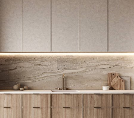 Kücheneinrichtung mit Holzelementen, luxuriöser Beleuchtung und Marmor-Backsplash. Stil trifft Funktionalität. 3D-Darstellung. Hochwertige 3D-Illustration.