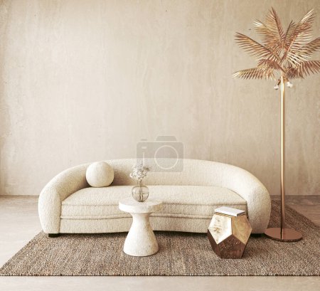 Photo for Curved boucle sofa with a stone side table, golden floor lamp, and decor accents in a warm, 3d render living space. - Royalty Free Image