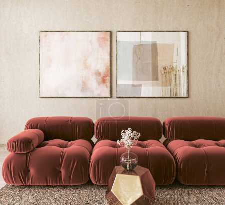Photo for A pair of abstract paintings adorn the wall above sumptuous red sofas, complemented by a gold hexagonal table in a 3d render scene. - Royalty Free Image