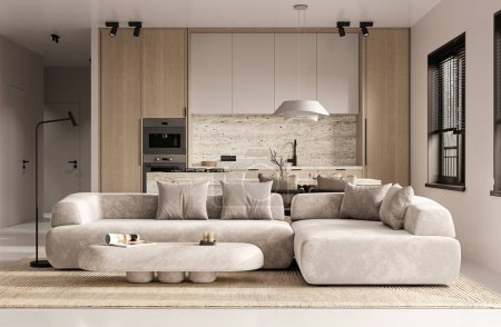 Una lujosa sala de estar de concepto abierto con un lujoso sofá modular, elegante iluminación colgante y una transición perfecta a una cocina moderna.