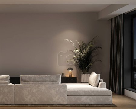 Ein minimalistisches Wohnzimmer mit einem plüschigen grauen Sofa, Umgebungsbeleuchtung und einer großen Topfpflanze, die einen warmen und einladenden 3D-Renderraum schafft.