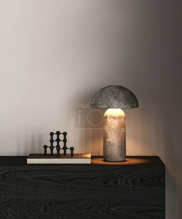 Foto de Un rincón atmosférico con una lámpara de hongo escultórica que brilla cálidamente sobre un gabinete de madera oscura, acompañado de un pequeño objeto abstracto en un libro. 3d renderizar. - Imagen libre de derechos