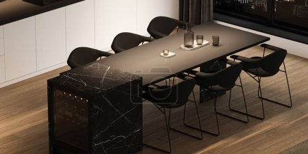 Une salle à manger exquise avec une grande table mate, des chaises design et une armoire à vin en marbre, éclairée par des lumières de la ville dans une scène de rendu 3D.
