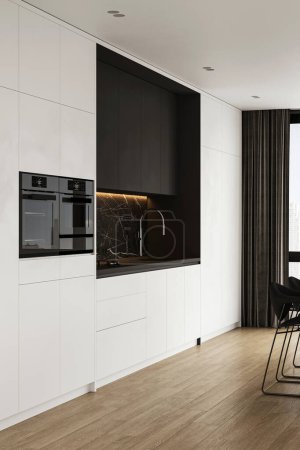 Téléchargez les photos : Une cuisine moderne rendu 3D avec armoire blanche, dosseret en marbre foncé, et des appareils haut de gamme intégrés, respirant luxe et élégance - en image libre de droit