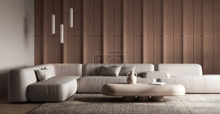 Contemporáneo 3d renderizar espacio con un sofá seccional, mesa de centro única, y elegante iluminación colgante contra una pared con paneles