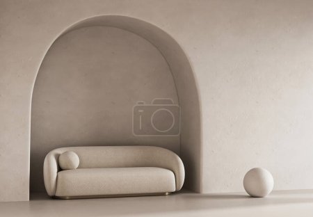 Foto de Un interior minimalista moderno de 3D render cuenta con un sofá texturizado en una alcoba arqueada con una esfera solitaria, que combina elegancia y simplicidad - Imagen libre de derechos
