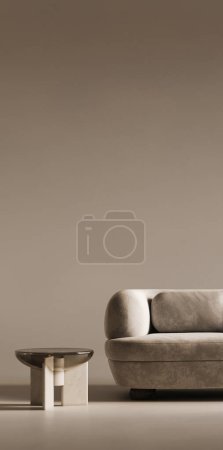Téléchargez les photos : Ce rendu 3D affiche astucieusement un canapé moelleux avec une table d'appoint unique, alliant confort luxueux et esthétique moderne minimaliste - en image libre de droit