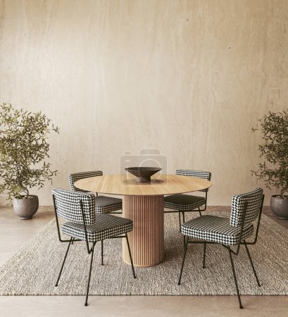 Dieser 3D-Rendering-Essbereich gleicht natürliche Holzstrukturen mit gemusterten Stühlen und Olivenbäumen aus und schafft ein einladendes, erdfarbenes Ambiente