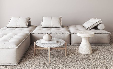 Eine geschmackvoll gestaltete 3D-Renderwohnzimmerszene mit modularem Sofa, Terrazzo-Kaffee- und Beistelltischen, die lässige Eleganz in einem strukturierten Ambiente ausstrahlt