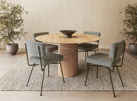 In this 3d render dining scene, a round wooden table and patterned chairs are paired with olive trees, evoking a sense of organic elegance