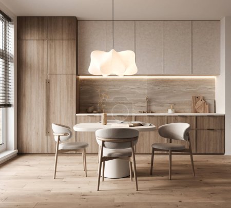 Foto de Mezcla armoniosa de forma y función en un espacio de cocina y comedor, con acabados de madera natural y una lámpara colgante escultural. 3d renderizar - Imagen libre de derechos